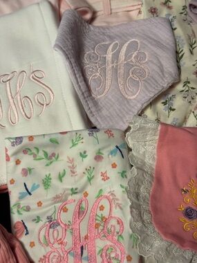 Embroidered Baby Burp Cloths & Bibs - Pink, Lavender, White, Floral